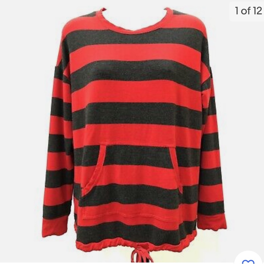 kensie Women’s top long sleeve Red and Gray striped drawstring waist
